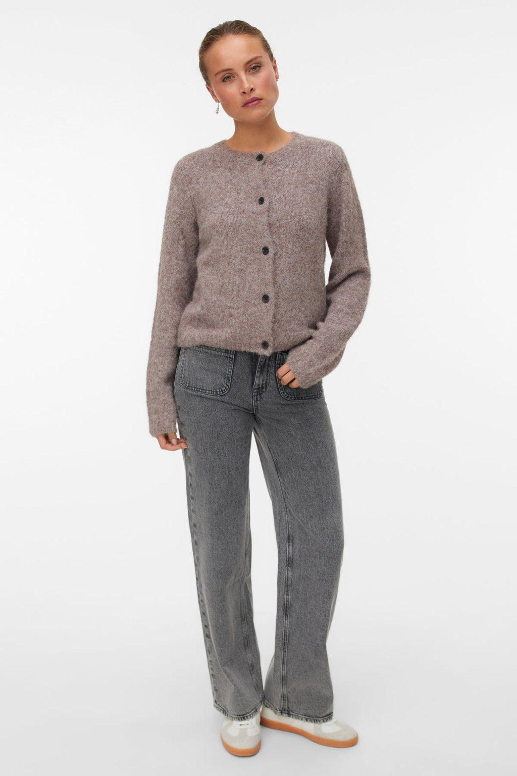 Novah O-hals Knoop Cardi - Bruine Linzen Melange