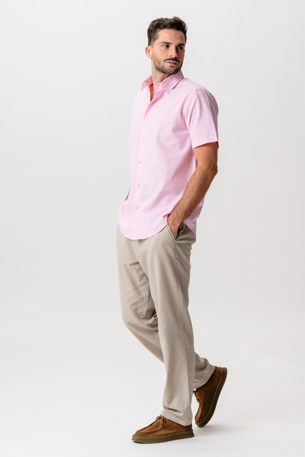 Linnen overhemd met korte mouwen - Lichtrood