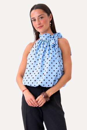 Wilma Top - Light Blue/Brown Dots