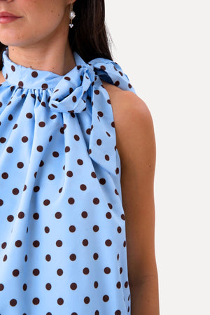 Wilma Top - Light Blue/Brown Dots