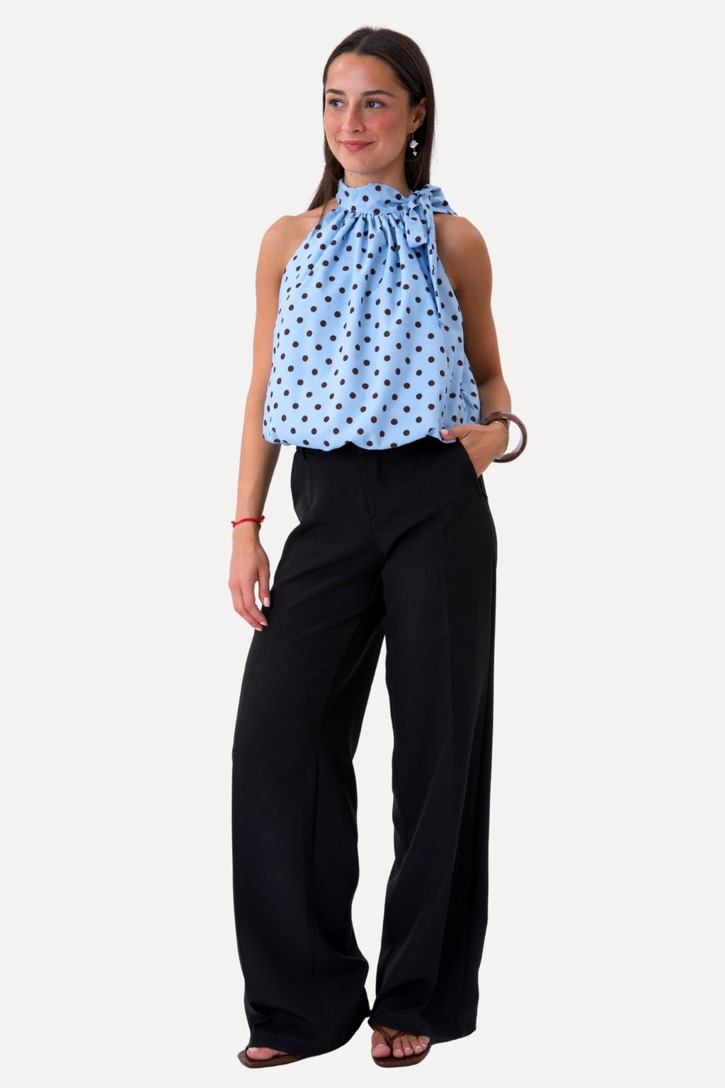 Wilma Top - Light Blue/Brown Dots