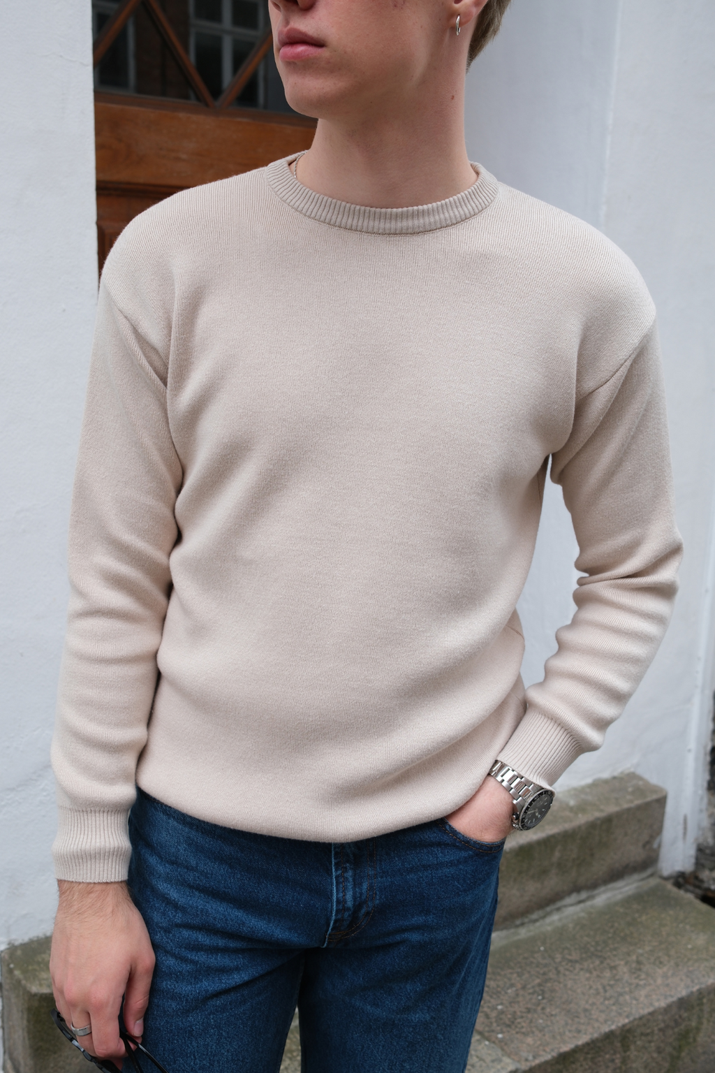 Crewneck Knit Sweater - Light Beige