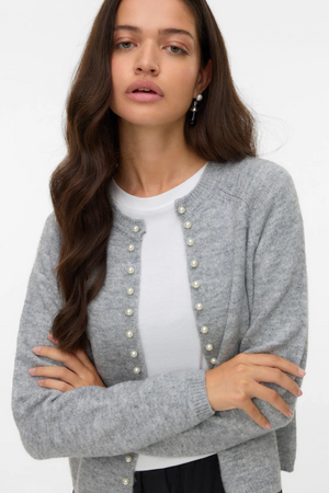 Magalene O -Neck Pearl Cardigan - Medium Gray Melange