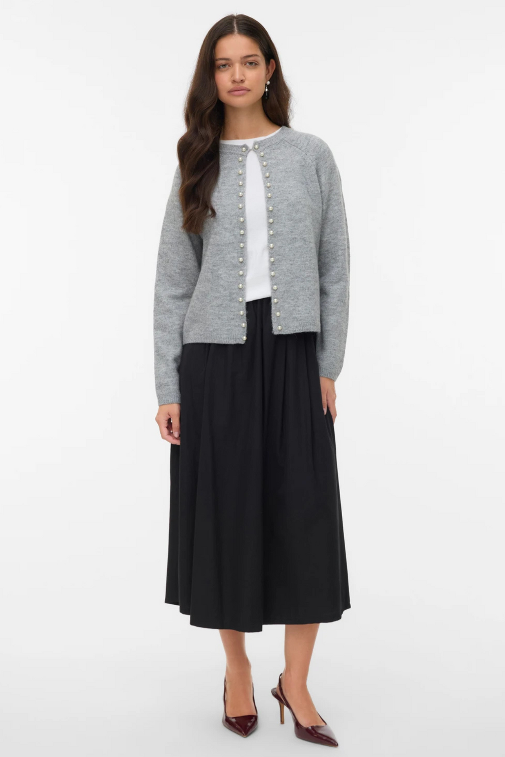 Magalene O -Neck Pearl Cardigan - Medium Gray Melange