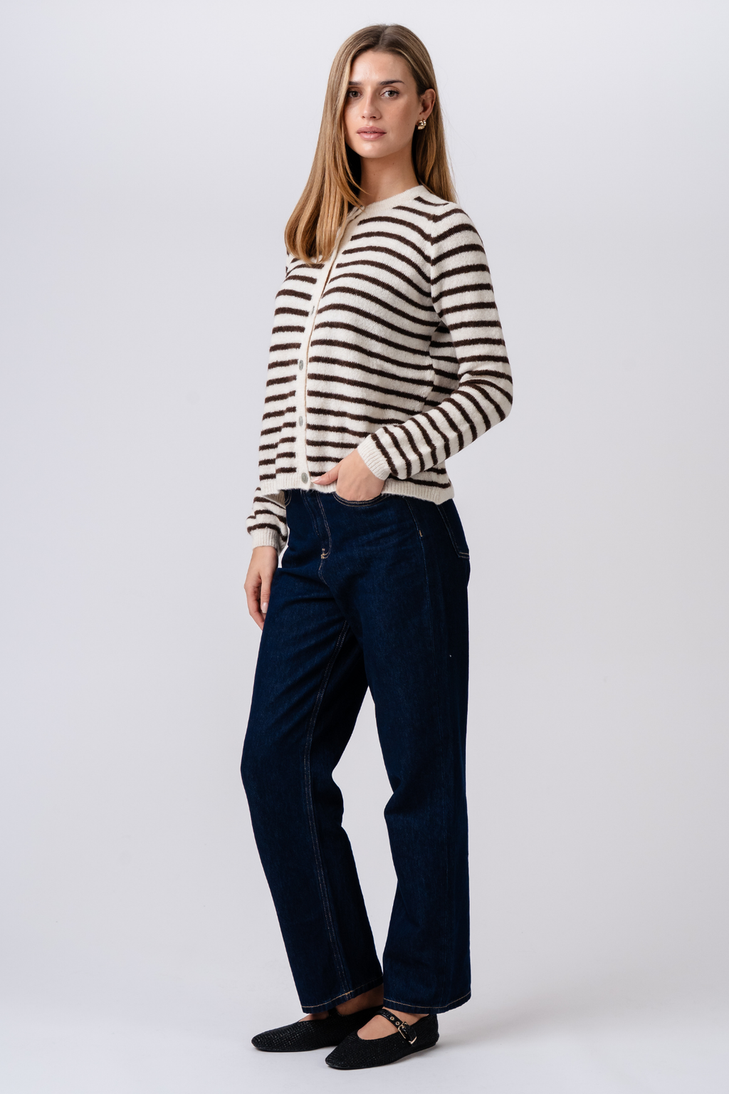 Crizette Gestreept Gebreid Vest - Gebroken Wit/ Bruin