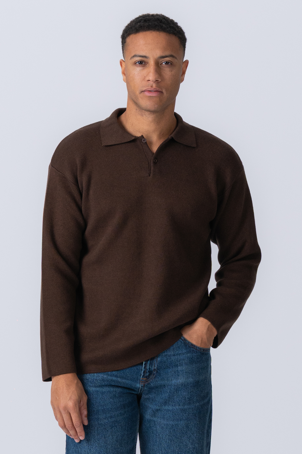 Gebreide polo met lange mouwen - lichtbruin