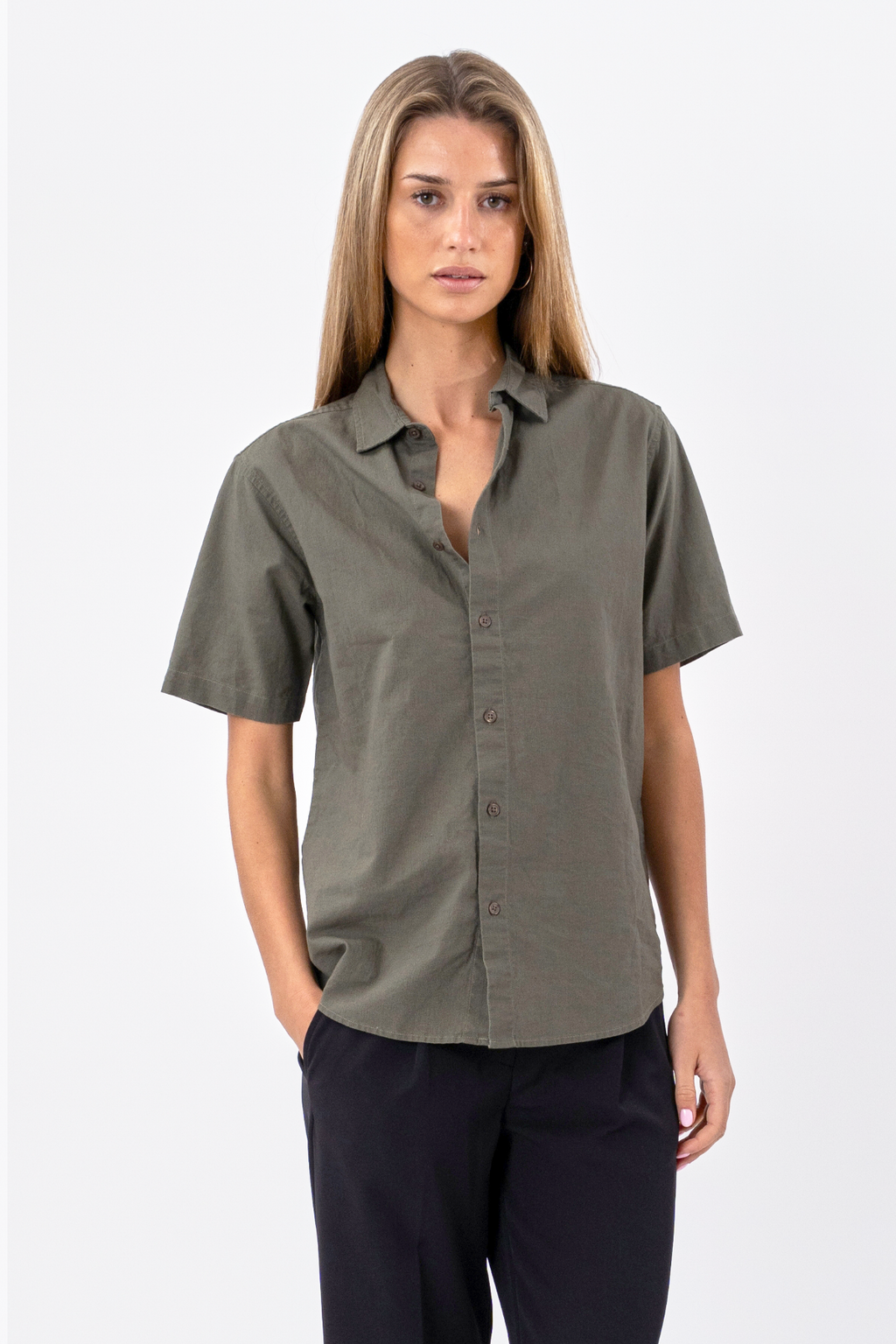 Korte mouw linnen shirt - leger