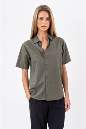 Korte mouw linnen shirt - leger