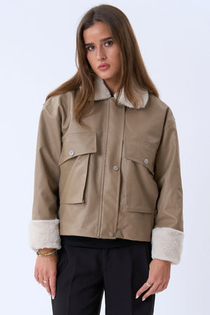 Faux lederen shearling jas - beige