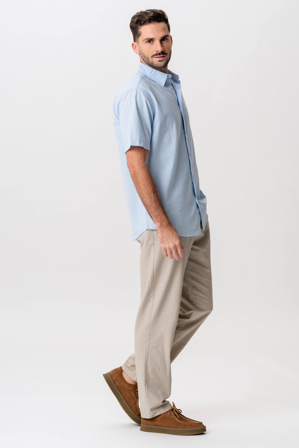 Short Sleeve Linen Shirt - Light Blue