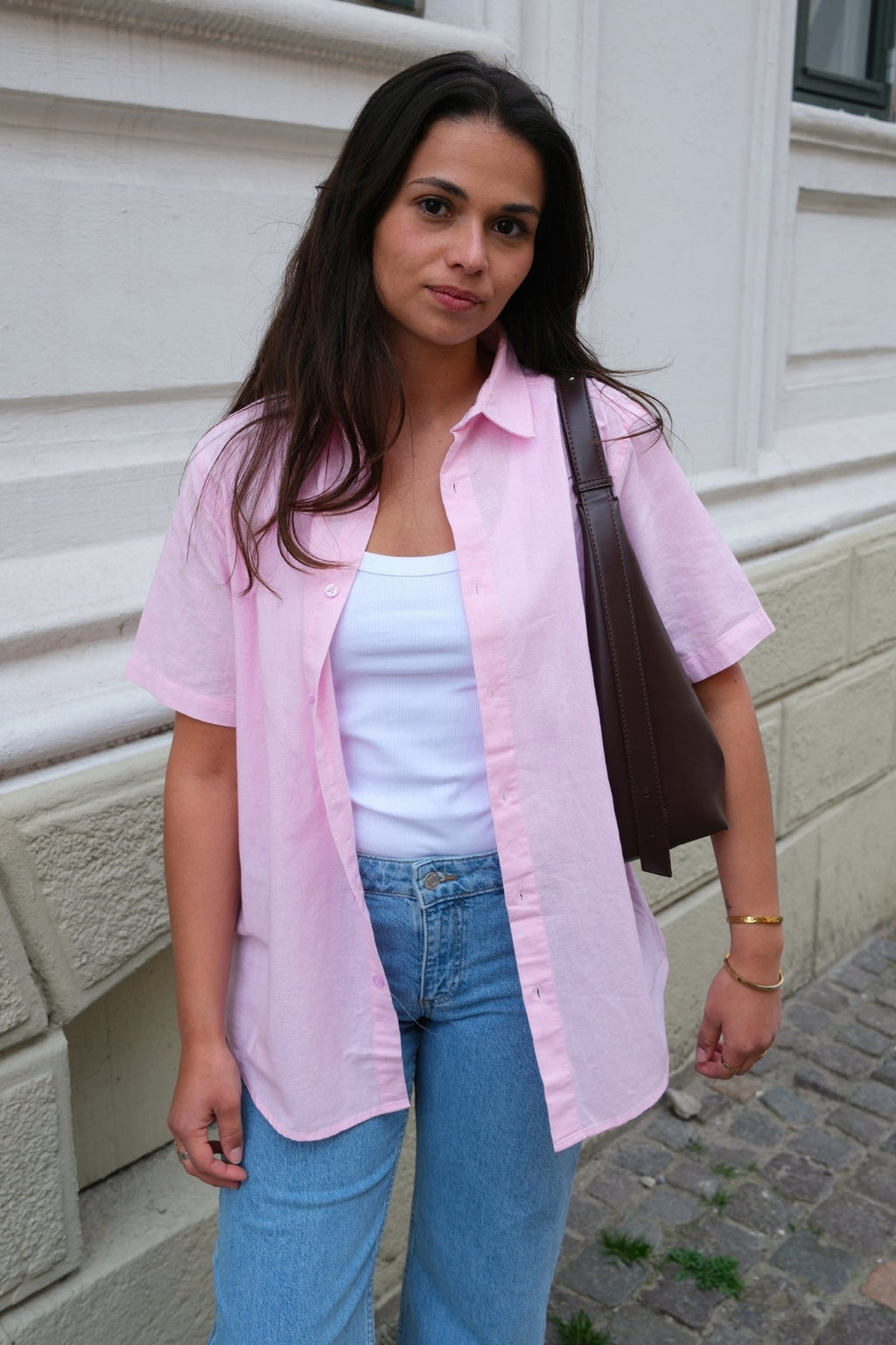 Korte mouw linnen shirt - licht rood