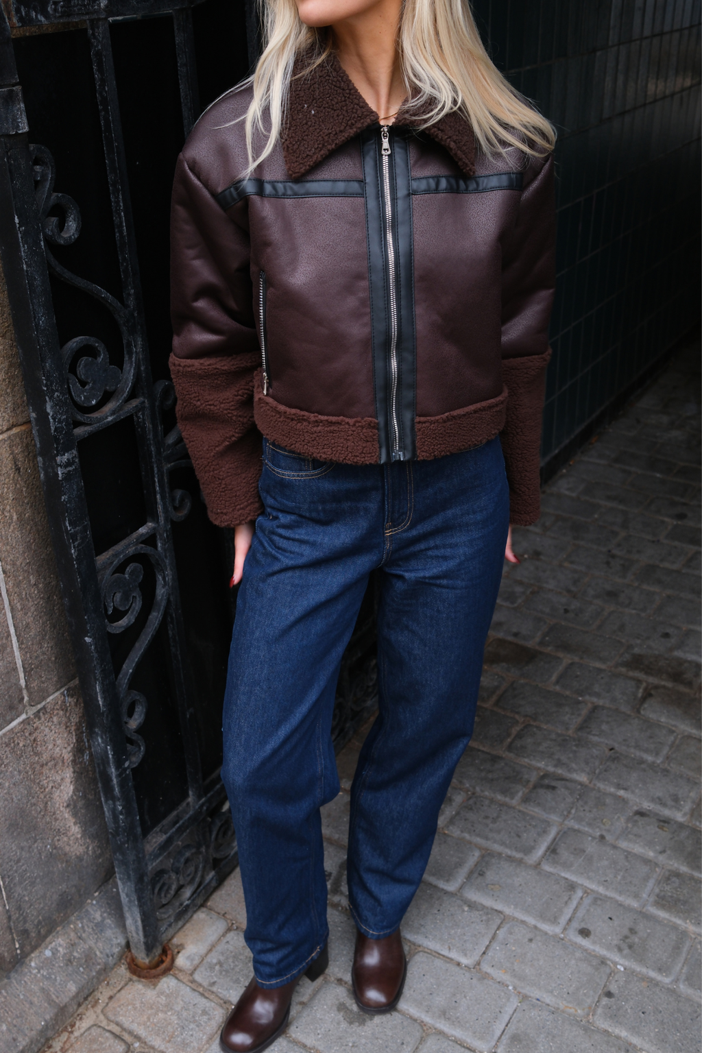 Daisy Shearling Jacket - Bruin/zwart