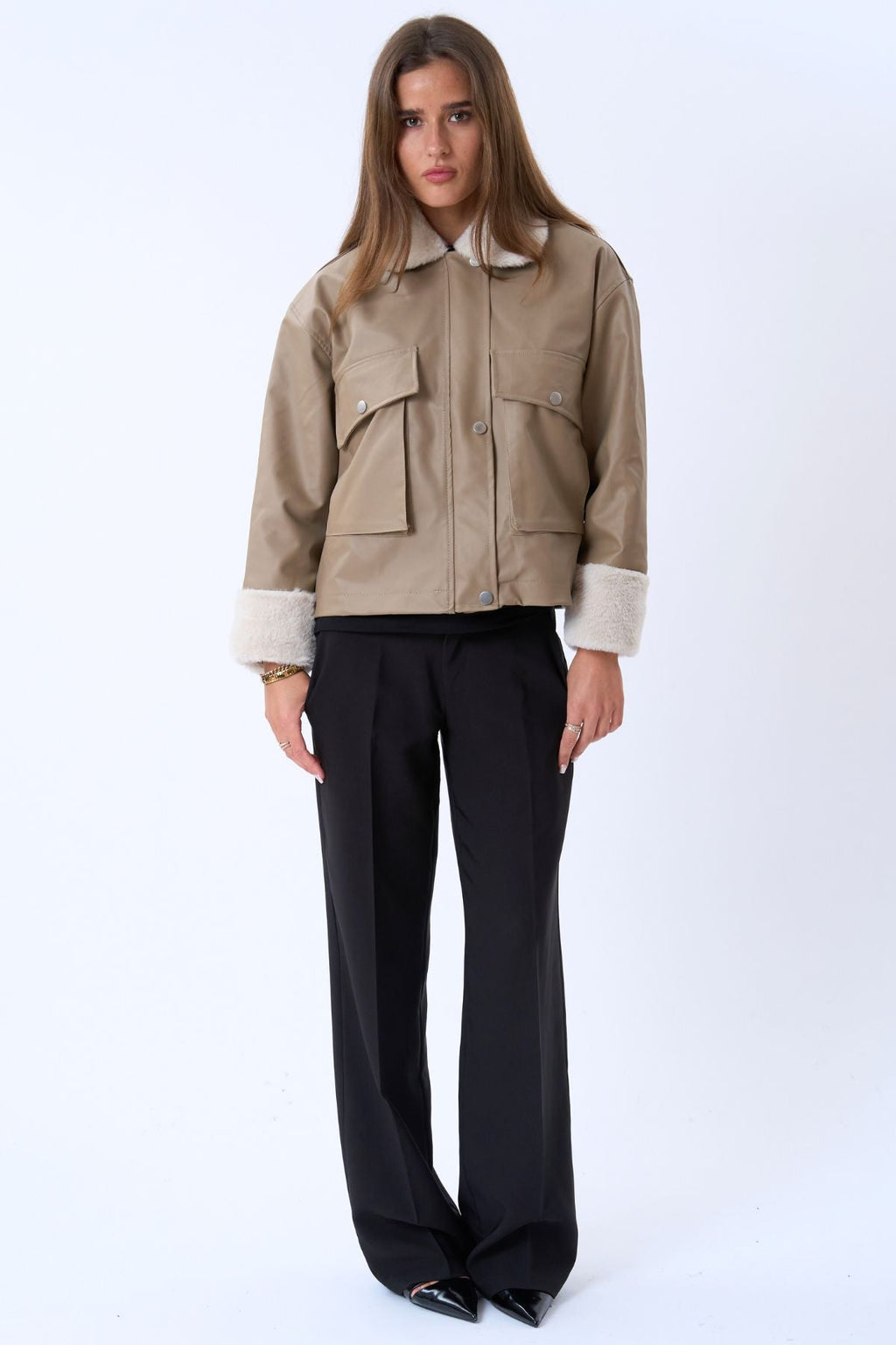 Faux lederen shearling jas - beige