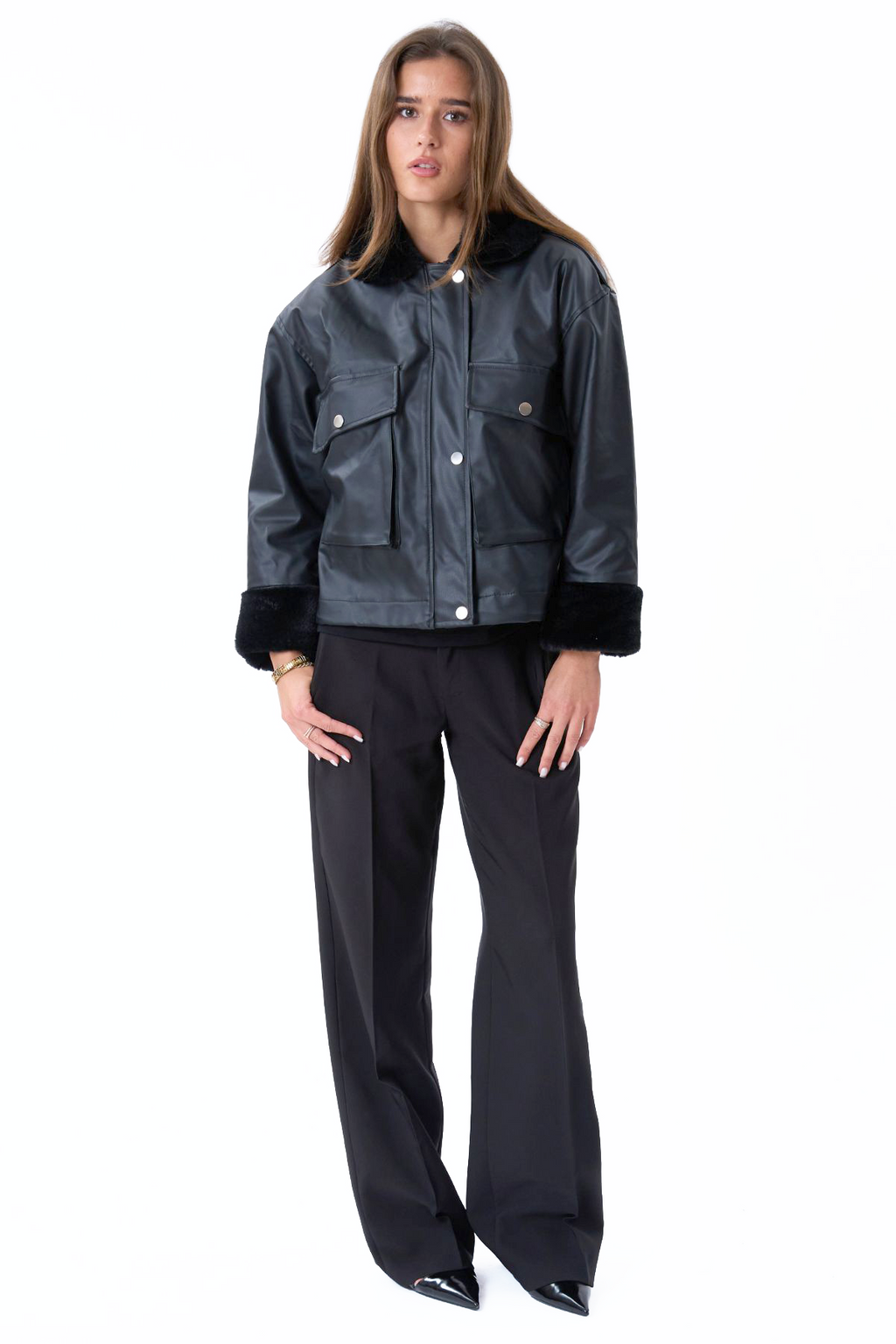 Faux Leather Shearling Jacket - Black