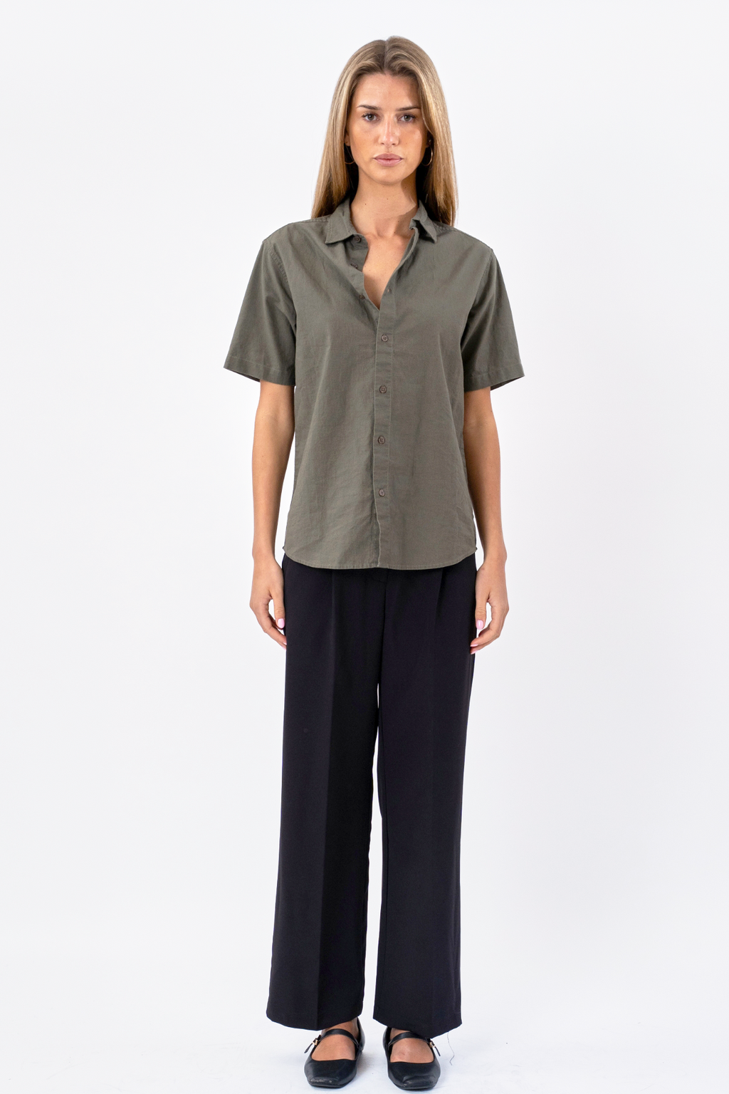 Korte mouw linnen shirt - leger