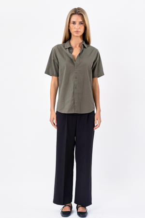 Korte mouw linnen shirt - leger