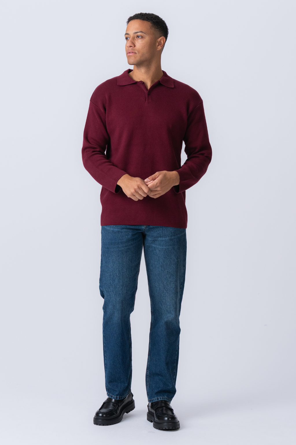 Knitted Long Sleeve Polo - Burgundy