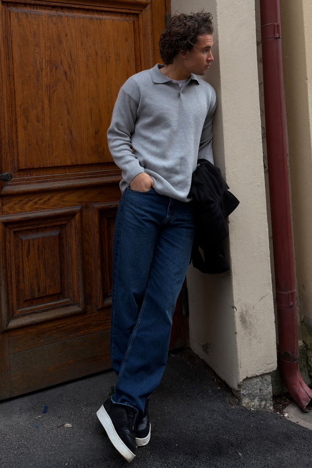 Gebreide polo met lange mouwen - grijs