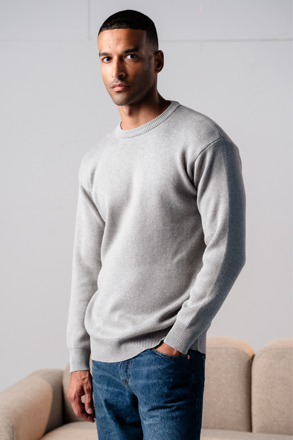 Crewneck Knit Sweater - Light Grey
