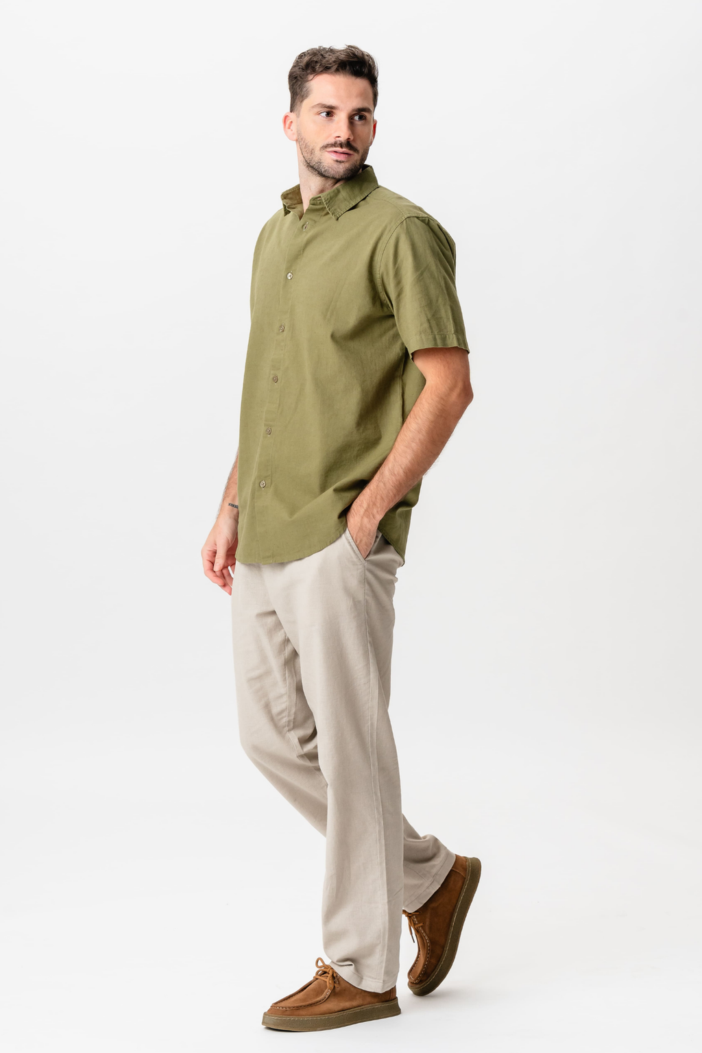 Short Sleeve Linen Shirt - Green
