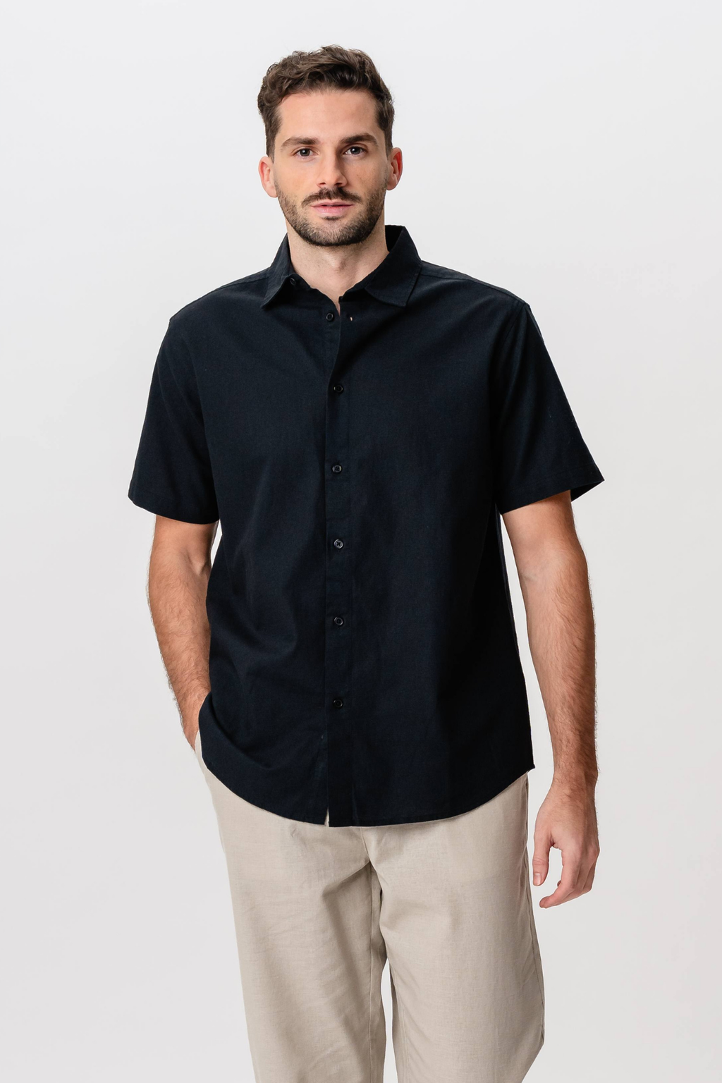 Short Sleeve Linen Shirt - Black