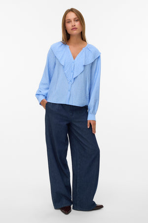Kaja V-Neck Frill Shirt - Vista Blue Sandra