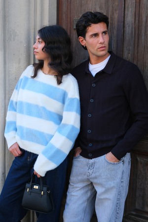 Celina gestreepte gebreide trui - Wit/hemelblauw