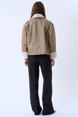 Faux lederen shearling jas - beige