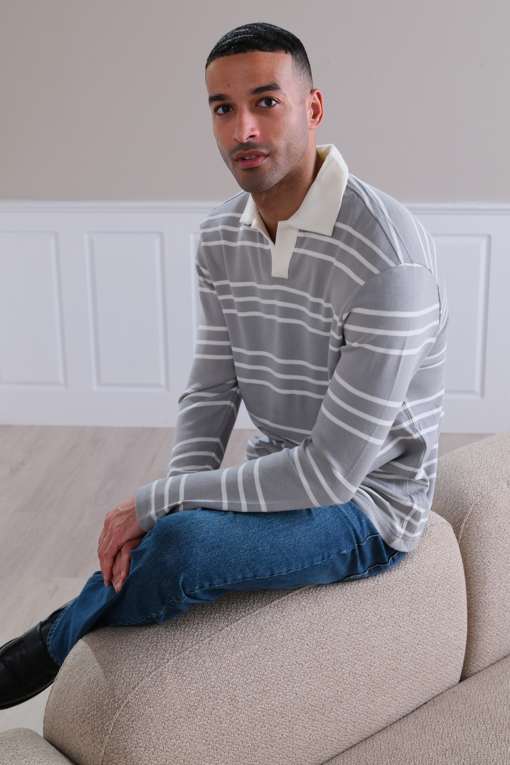 Striped Long-sleeved Polo - Grey