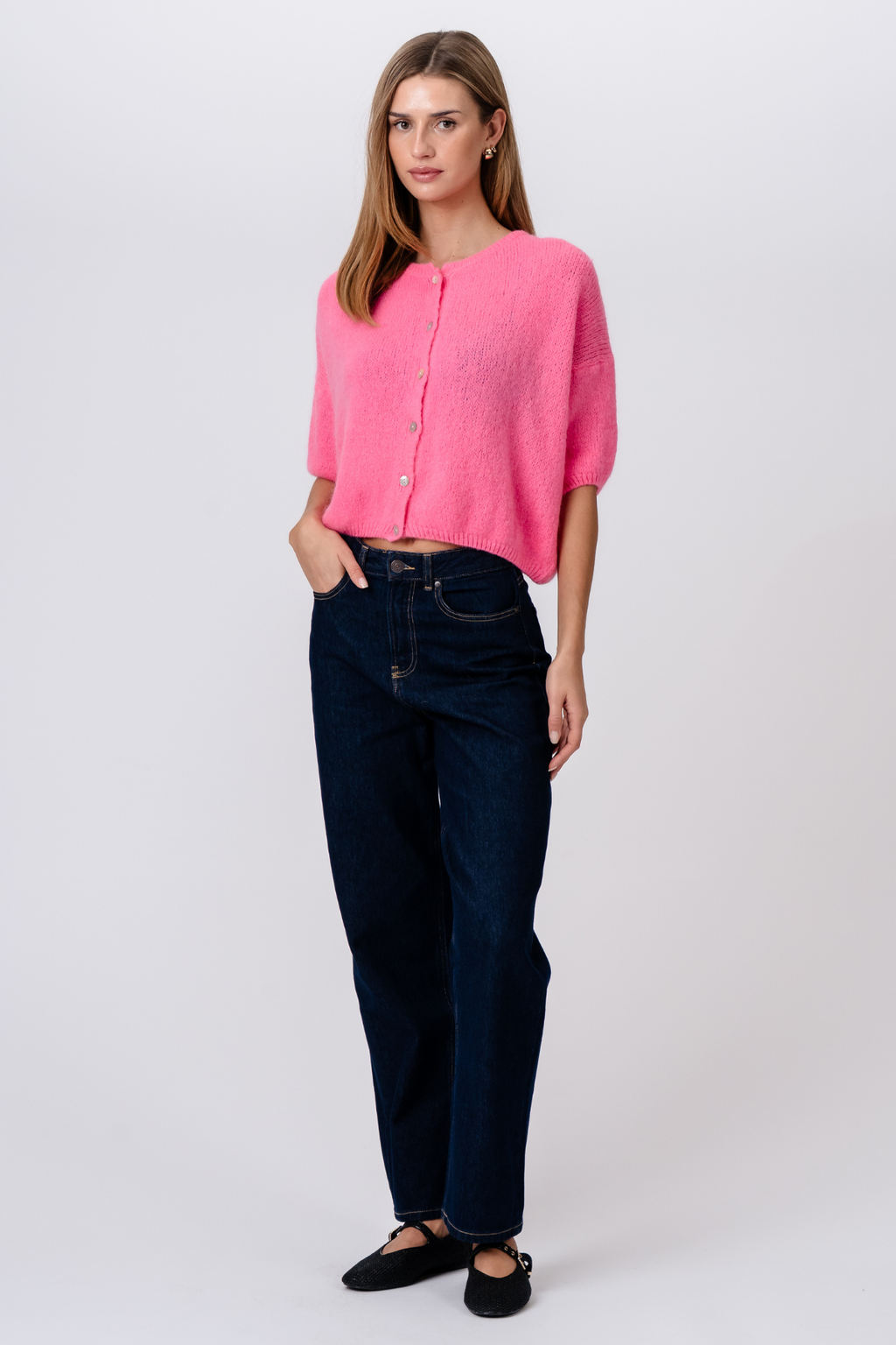 Mary gebreide trui met korte mouwen - babyroze