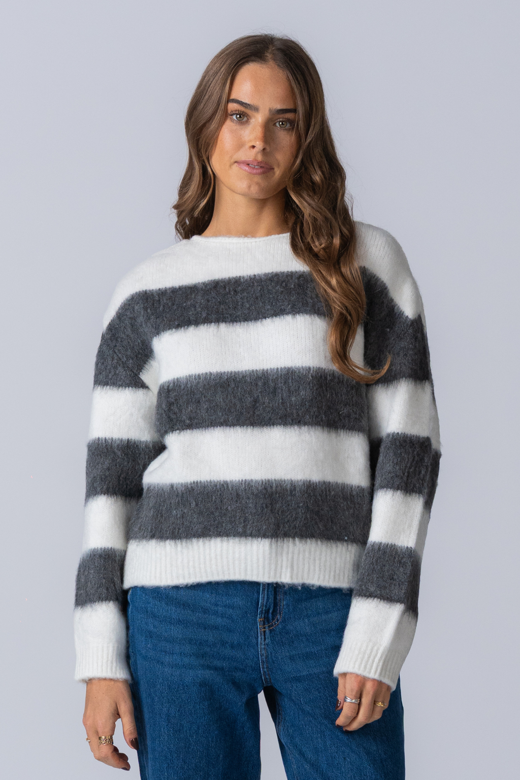 Celina Striped Knitted Sweater - White/Grey