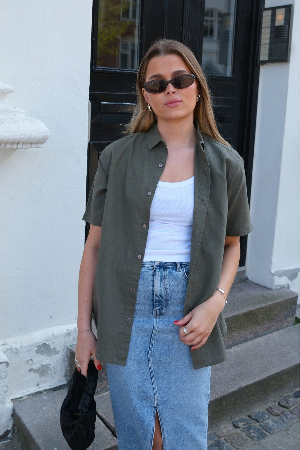 Korte mouw linnen shirt - leger