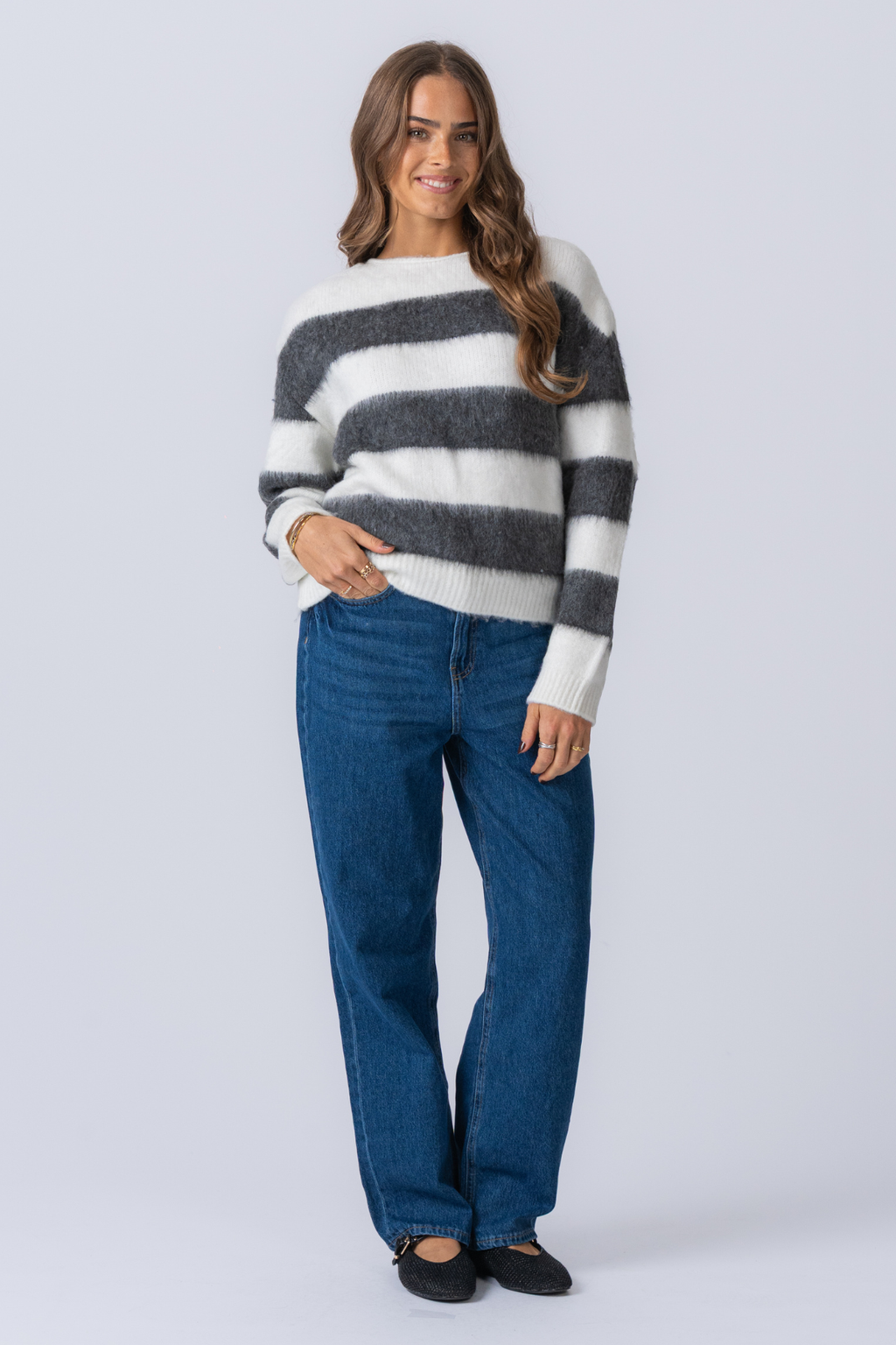 Celina Striped Knitted Sweater - White/Grey