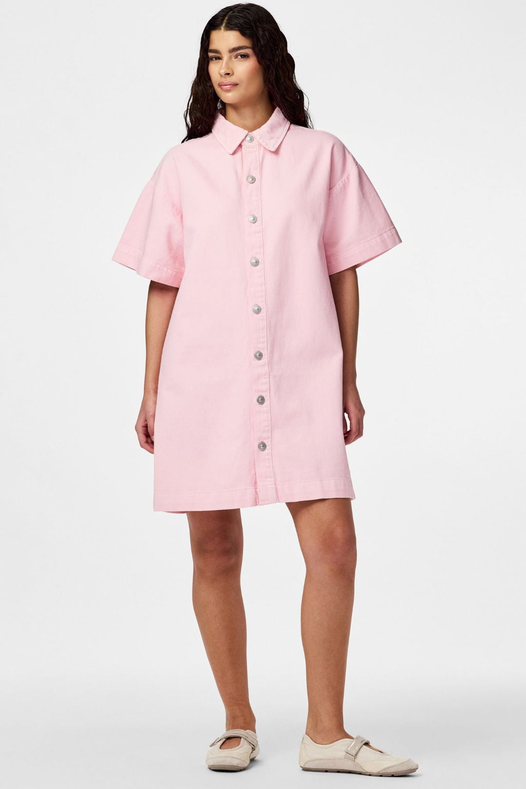Hemelse denimjurk in A-vorm - Roze lepelaar