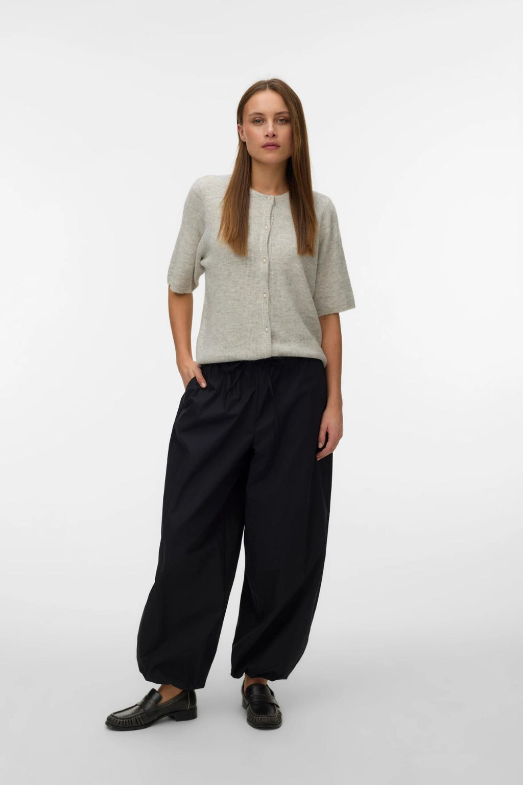 Lefile 2/4 O-Neck Pearl Cardigan - Light Grey Melange