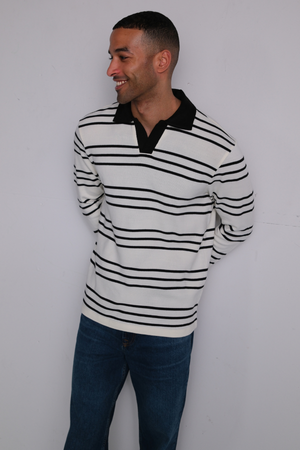 Striped Long-sleeved Polo - Ecru