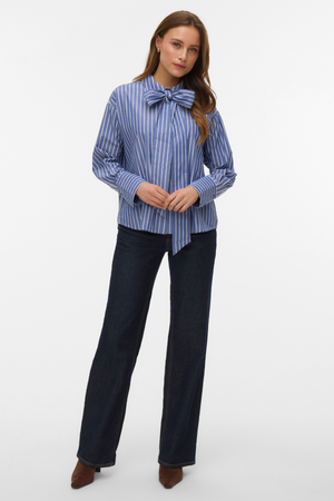 Islunn overhemd met strik - donker denim sneeuwwit