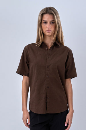 Short Sleeve Linen Shirt - Brown