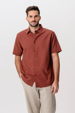 Korte mouw linnen shirt - Terracotta