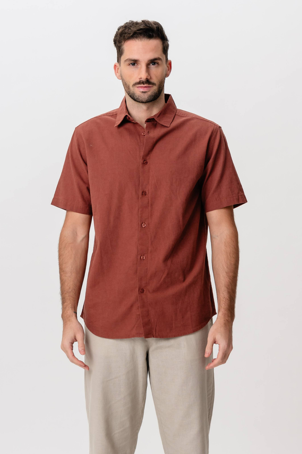 Korte mouw linnen shirt - Terracotta