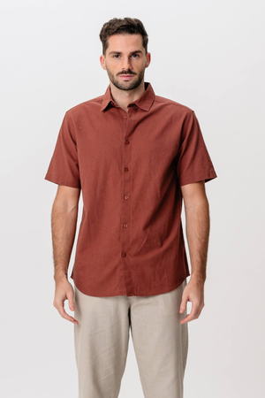 Korte mouw linnen shirt - Terracotta