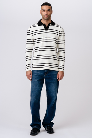Striped Long-sleeved Polo - Ecru