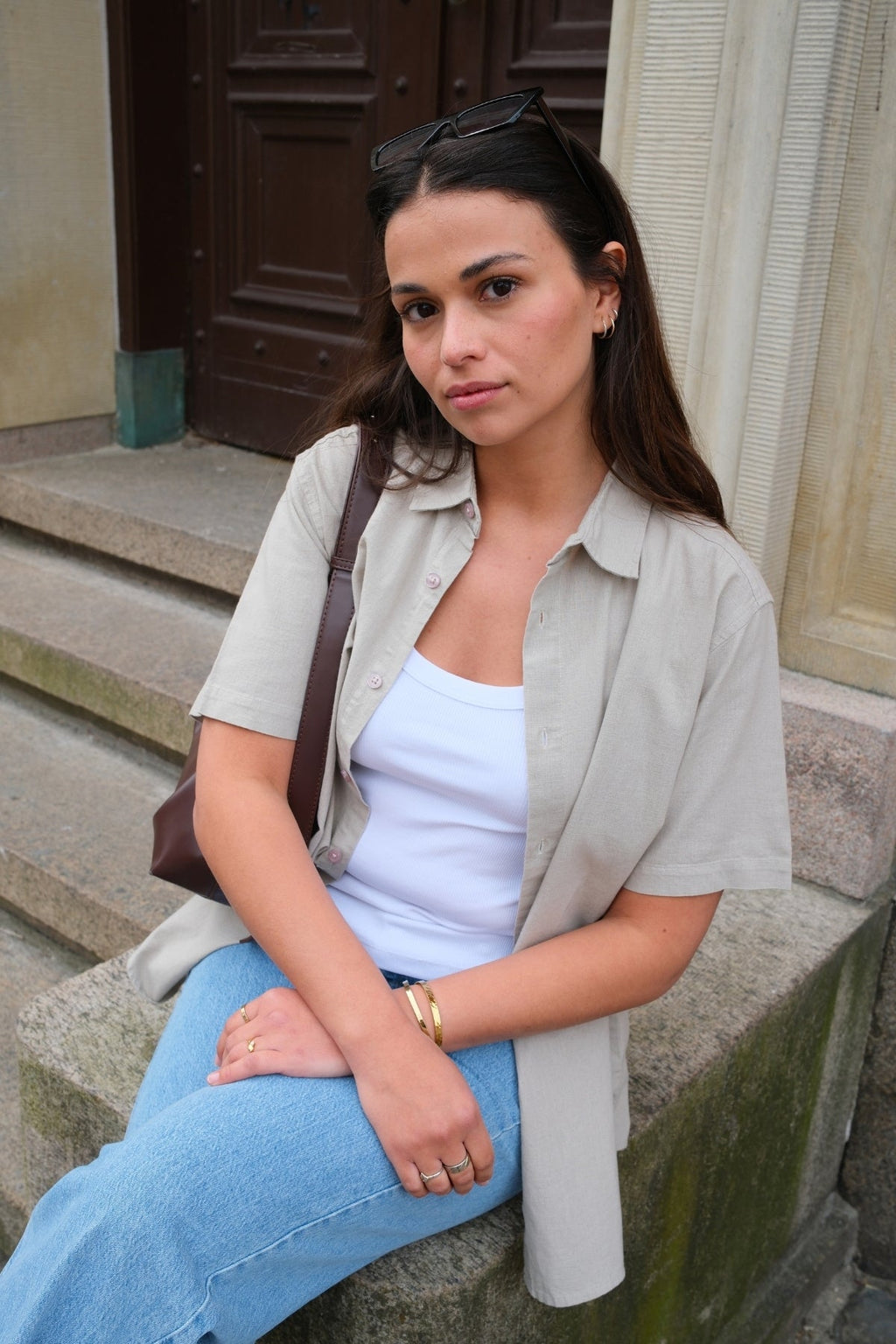 Korte mouw linnen shirt - zand