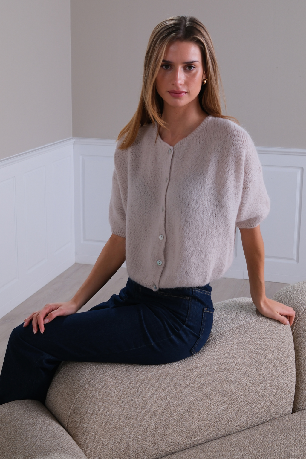 Mary gebreide trui met korte mouwen - Beige