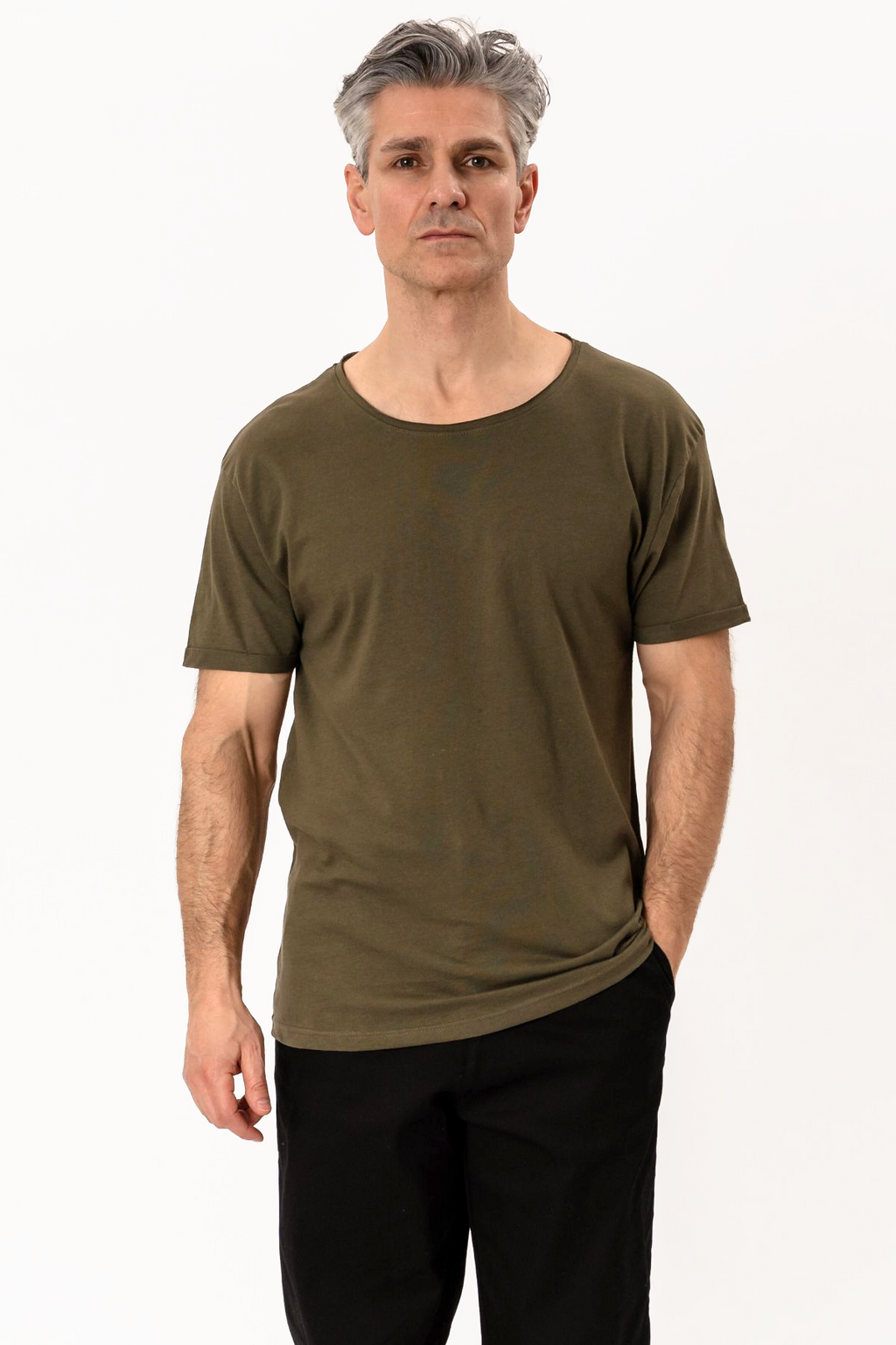 T-shirt met diepe hals - Olijfgroen