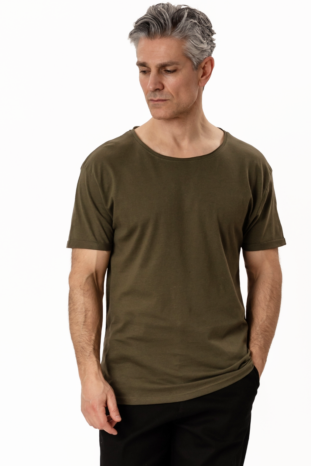 T-shirt met diepe hals - Gemêleerd groen