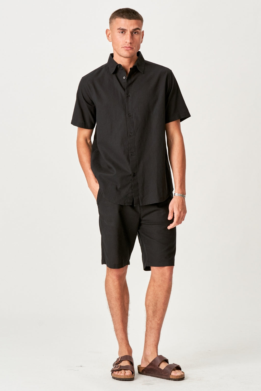 Linnen set shirt met korte mouwen + linnen Shorts - zwart (pakketdeal)