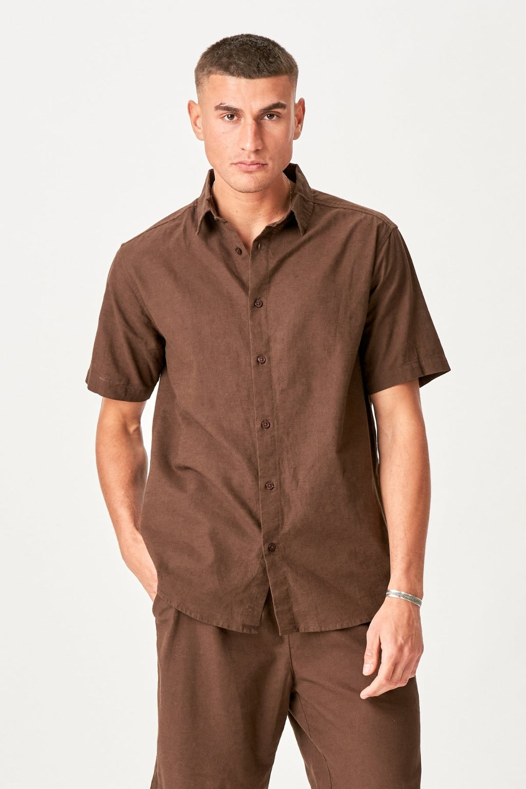 Short Sleeve Linen Shirt - Coffee