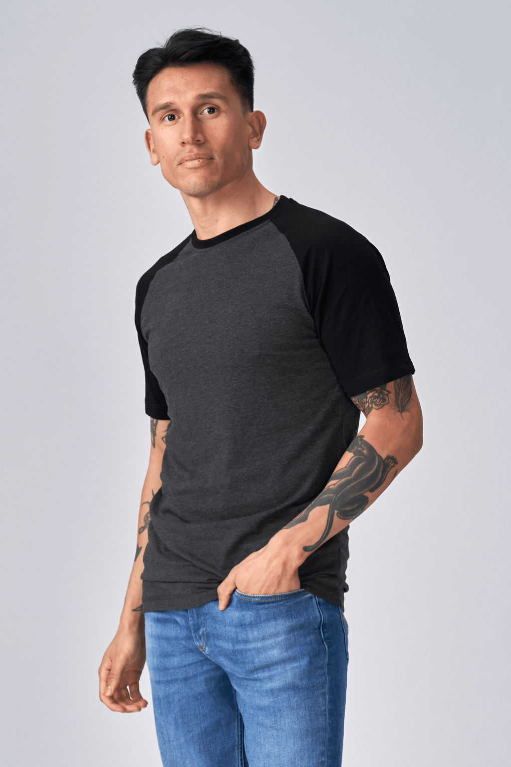 Basic Raglan T-shirt-Zwart-donker grijs