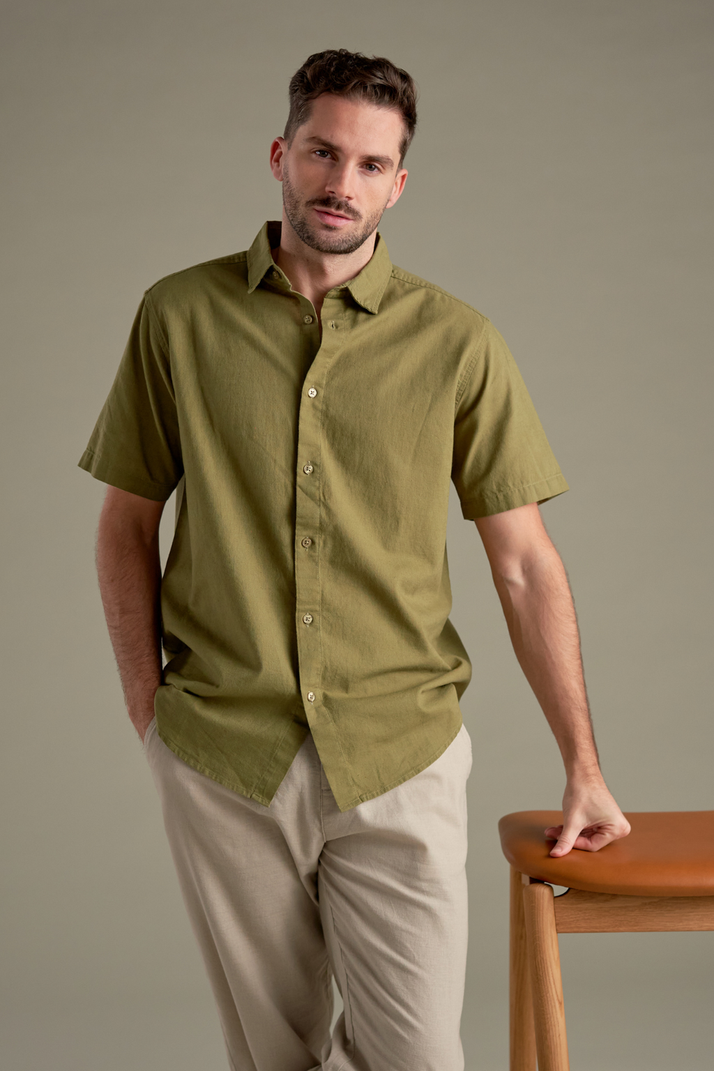 Short Sleeve Linen Shirt - Green